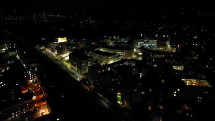 Canvas Print - Aerial Night Footage of Illuminated Central Cambridge City of Cambridgeshire, England United Kingdom. 