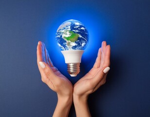 Earth inside a light bulb in a clean studio background with copy space, clean energy and sustainability concept