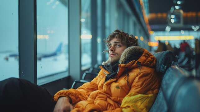 Thoughtful young man in a bright orange jacket sitting by the window in an airport waiting area, looking distressed and contemplative with planes visible outside.