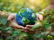 Earth Day or environment protection Hands protect forests that grow on ground and help save the world