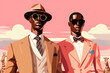 © ADDICTIVE STOCK - Stylish men in suits with retro vibe against pink sky. Generative AI image
