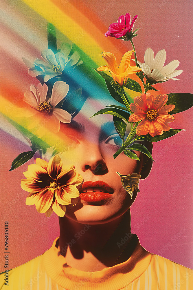 Floral portrait with rainbow light and pride theme. Generative AI image