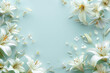 Beautiful white lilies arranged elegantly on a captivating blue backdrop. Copy space, top view