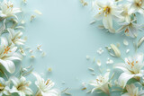 Fototapeta Tulipany - Beautiful white lilies arranged elegantly on a captivating blue backdrop. Copy space, top view