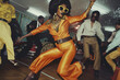 © Gregorii - Stylization for retro photography of the 1970s. A black woman is dancing in the style of disco. African American is dancing in a nightclub. Fashion trends in 1980 in the USA.