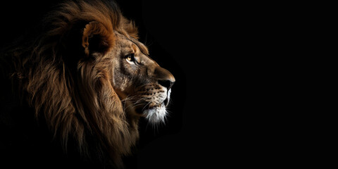 Portrait of a male lion isolated on black background