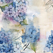 Seamless pattern. Mixed media paper with hydrangeas and leaf shapes pattern