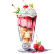 ice cream sundae in a tall glass cup, white background, watercolor illustration