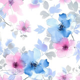 Fototapeta Pokój dzieciecy - Seamless pattern of blue and pink flowers on white background