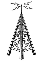 Old vintage radio tower broadcast transmitter sketch engraving PNG illustration. Scratch board style imitation. Black and white hand drawn image.