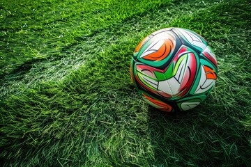 Colorful soccer ball resting on a lush green grass field under daylight, symbolizing sports, leisure, and outdoor activities