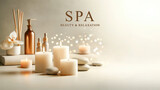 Fototapeta  - Soft candle glow with elegant spa accessories.
