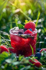 Wall Mural - Berry lemonade cocktail with tropical fruits on the background of green grass and garden or forest. Vacation summer concept.