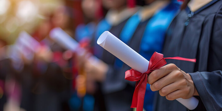 Closeup on hand of student with his graduating diploma