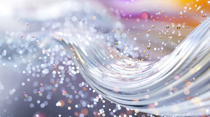 Poster - Close-up view of a clear water wave with sparkling light bokeh in a soft-focus background