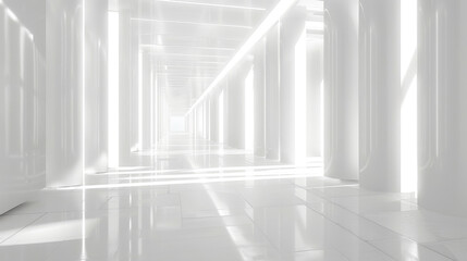 Poster - Modern minimalistic white hallway with a sequence of pillars and bright natural light