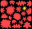 A striking arrangement of red floral silhouettes with a solitary yellow star, creating a bold contrast on a black background.