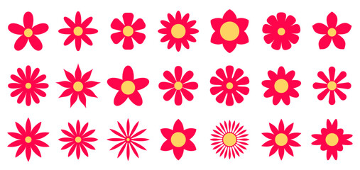 a vibrant collection of red flowers with yellow centers presented in various stylized forms, evoking