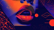 Close-up of Mouth with Orange Lipstick on Abstract Background in Metallic Shades of Violet