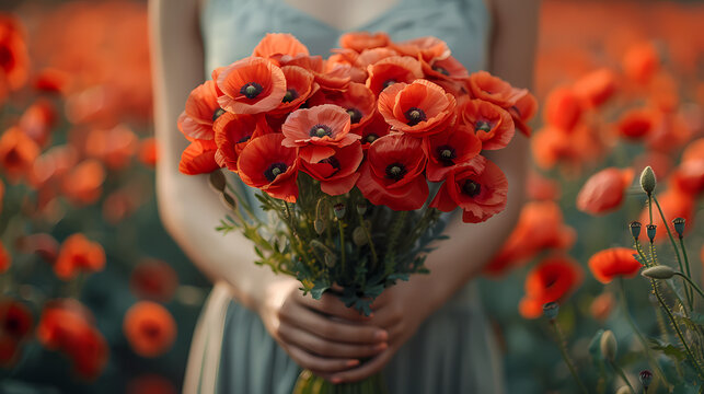 Beautiful woman hands holding a bouquet of red poppy flowers background as a symbol of both remembrance and hope for a peaceful future