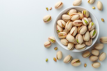 A bowl of pistachios is on a white background. The bowl is full of pistachios and there are many of them