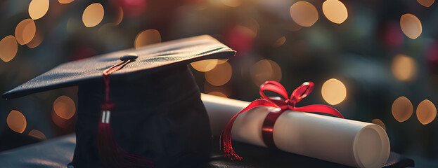 Sticker - Diploma next to graduation cap, blurred background