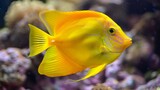Fototapeta Psy - Yellow fish with blue and white stripes swims in aquarium