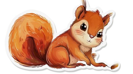 Wall Mural - cartoon, red squirrel with tassels on ears, sticker, puffed up cheeks, white background, high quality, minimalism