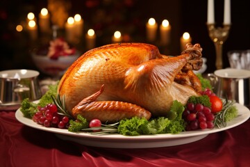 Wall Mural - A roasted turkey on a platter garnished with lettuce and cranberries, set against a festive background with candles and blurry lights.