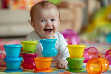 Wall Mural - Delighted baby playing with a set of colorful stacking cups