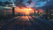 futuristic city view with beautiful sunset light, there is a large solar panel farm in the middle of the city, storing energy into a futuristic battery bank