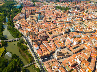 Wall Mural - Aerial view of Palencia cityscape overlooking ancient Gothic building of Catholic Cathedral, Spain..