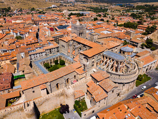 Wall Mural - Aerial cityscape of stone defense wall and houses of ancient Avila town in Spain