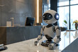 robot works in the modern office, blurred background. Artificial intelect in future life. AI Generated	