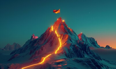 Wall Mural - A mountain with a red flag on top of it
