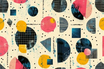 Wall Mural - A colorful pattern of circles and squares with a vintage feel. Risograph effect, trendy riso style