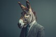 Anthropomorphic donkey in a suit. Metaphor for a politician from Democrats in the US Congress. Background