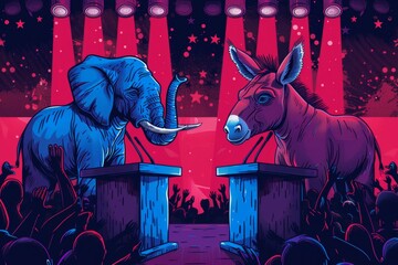 The elephant and donkey political debate. Metaphor with Republicans and Democrats in US politics. Elephant vs donkey