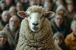 Sheep speaker, public speaking among people. Metaphorical concept. Background with selective focus and copy space