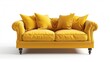 Soft yellow fabric sofa with plush pillows, isolated on a pure white background