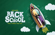 Back to school vector template design. Welcome back to school greeting text with color pencil and magnifying glass learning supplies in rocket ship shape in green board background. Vector illustration
