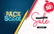 Back to school sale vector banner design. Back to school limited time offer text with 50% off discount price for educational supplies promo advertisement. Vector illustration school sale banner. 

