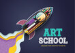Art school vector design. Back to school supplies with bunch of educational elements and arts materials in rocket ship shape creative concept design. Vector illustration art school artistic design. 
