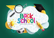 Back to school vector template design. Welcome back to school greeting text with magnifying glass, graduation cap, pencil and ball elements in paper cut concept. Vector illustration school back 
