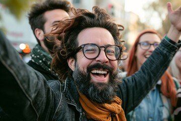 Wall Mural - Handsome bearded hipster man with long hair and glasses on the street