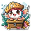 Smiling goldfish pirate sticker on top of treasure chest