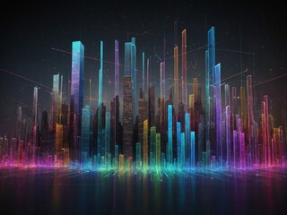 Poster - Futuristic cityscape rises against dark background, its towering structures formed from shimmering lines of vibrant color. Interconnecting lines of light weave between buildings.