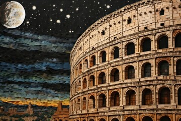 Wall Mural - Embroidery with rome colosseum night architecture astronomy.