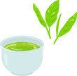 チャノキの生葉と湯呑みに注いだ緑茶