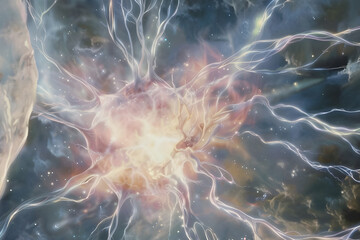 Poster - Volumetric Epic Quantum computing core, glowing with energy, intricate data streams, abstract algorithmic patterns